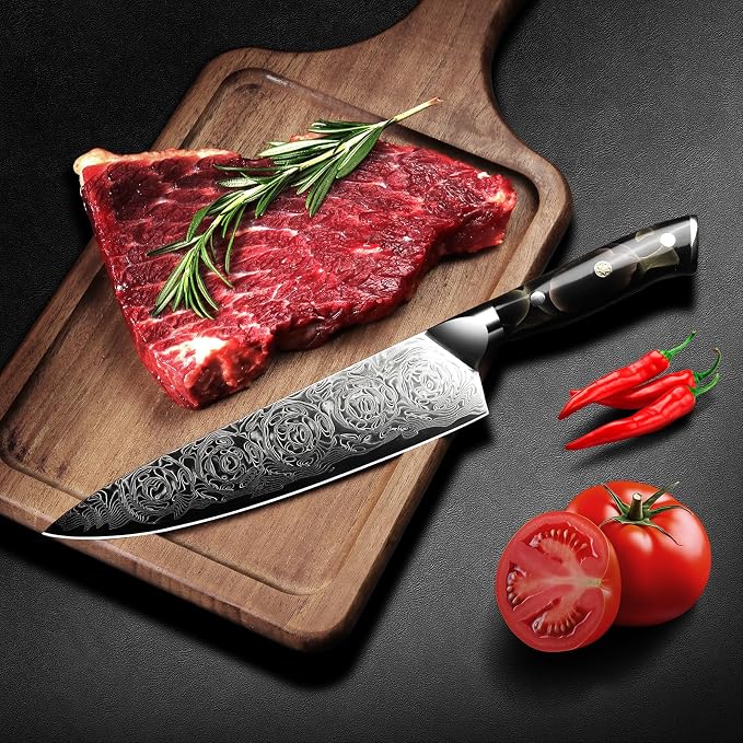 Professional Japanese Damascus Chef Knife 8 Inch - VG-10 High Carbon Steel, Ergonomic Resin Handle with Leather Sheath & Luxury Gift Box