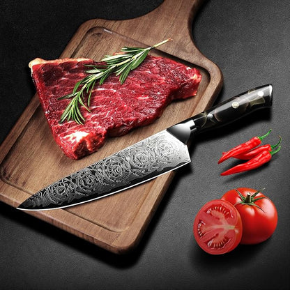 Professional Japanese Damascus Chef Knife 8 Inch - VG-10 High Carbon Steel, Ergonomic Resin Handle with Leather Sheath & Luxury Gift Box