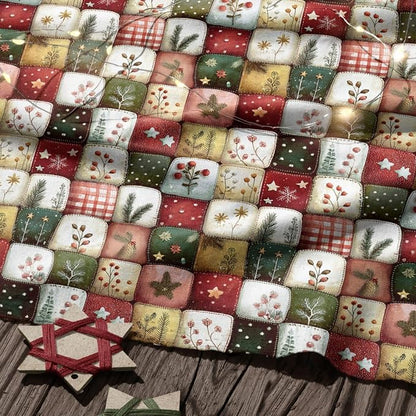 Patchwork Cotton Fabric Panel 61 x 36.6 Inches, Christmas Botanical Squares Quilt Style, 100% Cotton 140 GSM, Sewing Quilting Craft Fabric