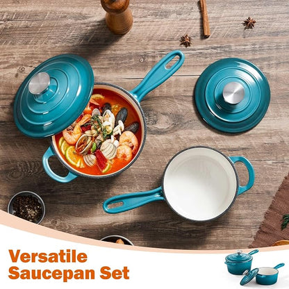 Homikit 1 QT & 2 QT Saucepan Set, Enameled Cast Iron Saucepan with Lid for All Cooktops, Small Pot Mini Dutch Oven for Kitchen Cooking, Boiling, Nonstick & Heavy Duty, Teal Ombre