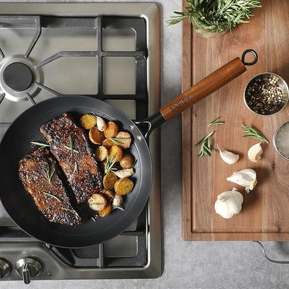 Babish 11 Inch Cast Iron Skillet with Wooden Handle, Pre-Seasoned Nonstick Pan with Honeycomb Textured Cooking Surface, Induction Oven Safe Skillet for Searing, Frying Eggs, Steak and Stir Fry
