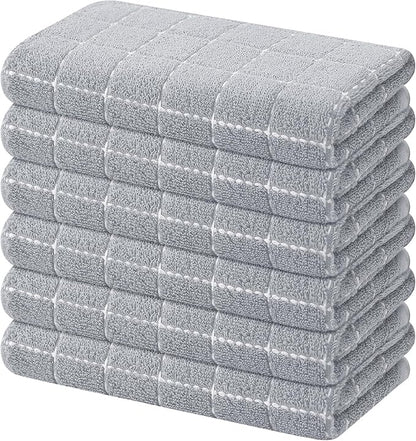 Mordimy 100% Cotton Terry Cloth Kitchen Towels, Super Soft and Absorbent Dish Towels for Drying, Checkered Designed Hand Towels for Kitchen, 16 x 26 Inches, 6 Pack, Light Grey