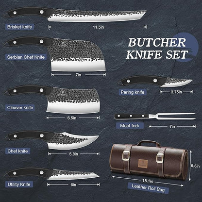 8 PCS Butcher Knife Set, Japanese Kitchen Knife Set, Hand Forged Chef Knife Set with Leather Roll Bag, Sharp Meat Cleaver Knife for Kitchen & Hunting & Camping & BBQ, Best Gift for Men