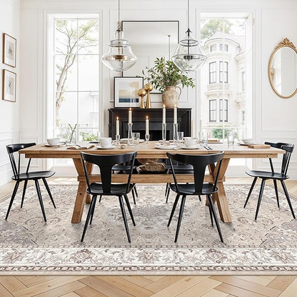 Living Room 8ft Square Area Rug: Machine Washable Large Vintage Soft Rug Stain Resistant Non Slip Floor Carpet for Bedroom Playroom Indoor Farmhouse Home Decor Mat for Office Dining Room(8x8,Beige)