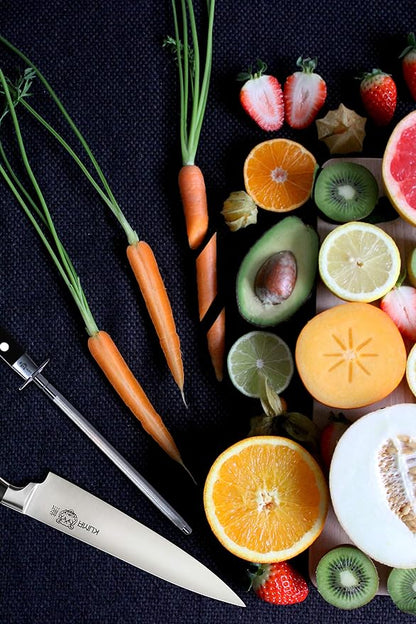 KUMA Chef Knife Set (3 items) - Razor Sharp Out The Box - 8 Inch Chef's Knife for Carving, Slicing, Chopping - Great Ergonomic Handle - Kitchen Knives (Pro Bolster Edition + Paring Knife + Honing Rod)