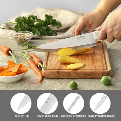 8 inch Chef Knife, Stainless Steel Kitchen Knife with Protective Knife Sheath, Ultra Sharp Slicing Knife with Ergonomic Handle, German Stainless Steel, Dishwasher Safe (White Color)
