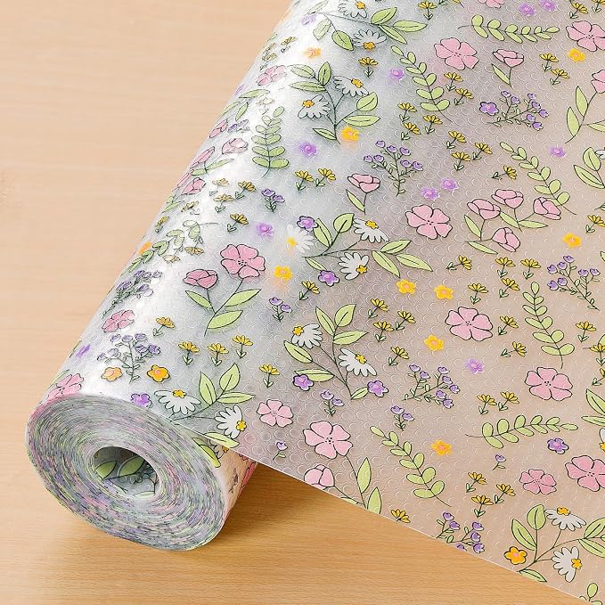 INNOLITES Shelf Liners for Kitchen Cabinets Non-Adhesive Drawer Liner with Floral, Waterproof Durable Easy to Clean, for Refrigerator, Shelves (Pink Purple Rose, 17.5" x 197")