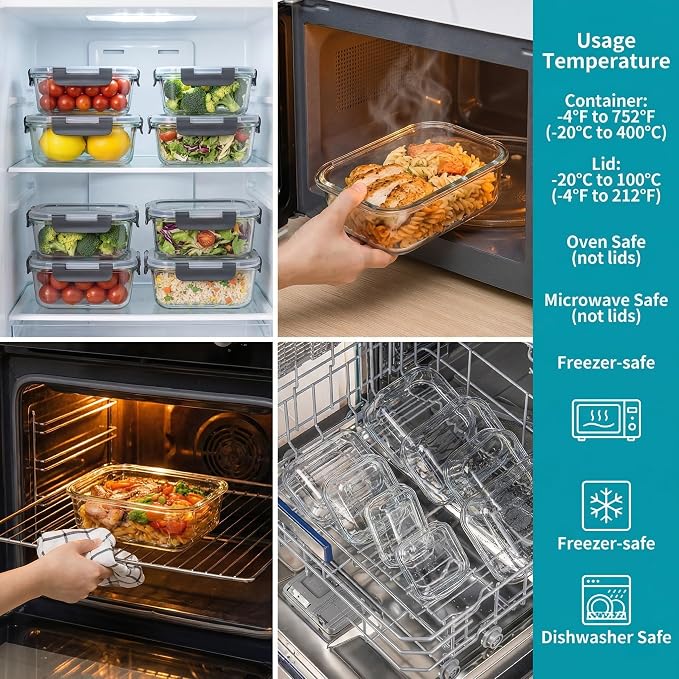 5 Pack Glass Meal Prep Containers 35oz, High Borosilicate Glass Food Storage Containers with Black PP Lids, Airtight Leakproof Lunch Boxes, Microwave, Oven, Dishwasher, Freezer Safe