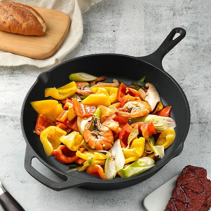 12 Inch Cast Iron Skillet, Pre-Seasoned Frying Pan for Oven, Stovetop, Grill & Campfire, Durable, Non-Toxic, Even-Heating Cookware, Black