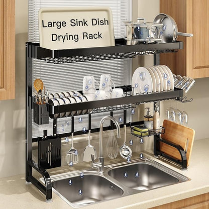 MAJALiS 3 Tier Extra Large Stainless Steel Expandable Over The Sink Dish Drainer Drying Rack, Rust Proof Metal, Space Saving, Modern Black Big Capacity Extendable Plate Strainers Above Counter