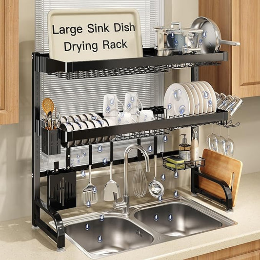 MAJALiS 3 Tier Extra Large Stainless Steel Expandable Over The Sink Dish Drainer Drying Rack, Rust Proof Metal, Space Saving, Modern Black Big Capacity Extendable Plate Strainers Above Counter