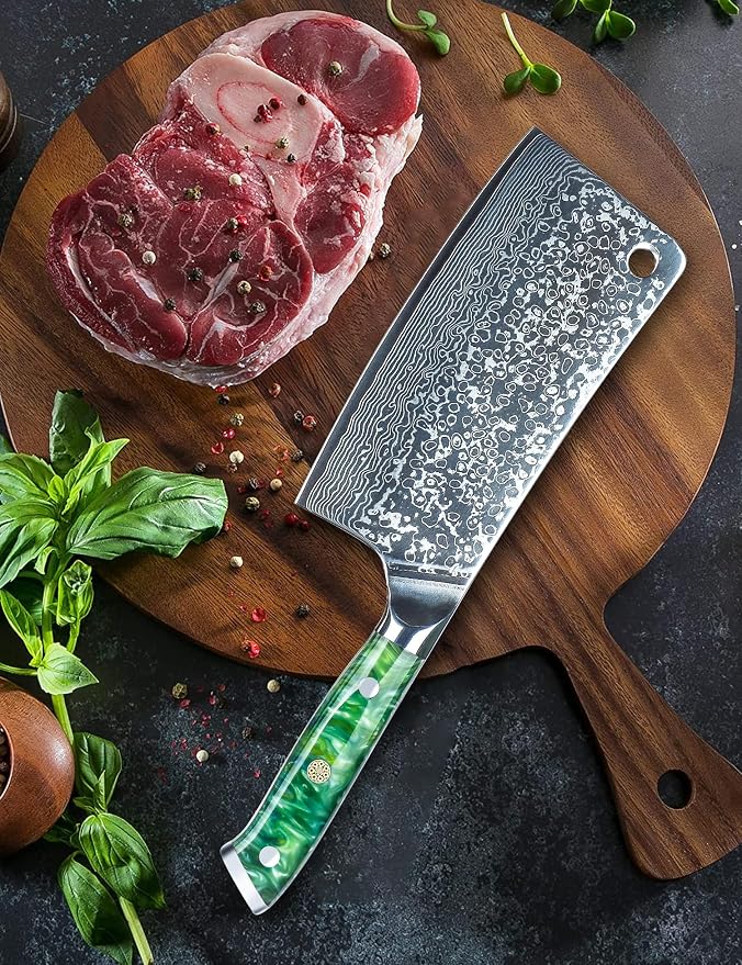 Chopping Knife - 7 inch Cleaver Knife- Xuan Series - VG10 Damascus Steel Kitchen Knife - Resin Handle (Jade Green)