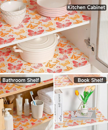 Reusable Non-Adhesive Drawer and Shelf Liner for Kitchen Cabinets - Waterproof Shelf Paper, Easy to Cut and Install - Suitable for Cabinets, Drawers, and Desks(Red Butterfly, 11.8" W x 236" L)