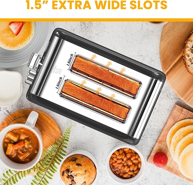 Simple Deluxe 2-Slice Toaster, 3 Function and 6 Browning Setting, Extra Wide Slot & Removable Crumb Tray, for Bread & Waffle, Black