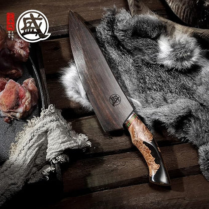 MITSUMOTO SAKARI 8-Inch Japanese Gyuto Chef Knife, 440C Damascus Steel | Precision Pull Cuts, Deep-Cryo Edge Stability, 2.2 mm Thin Blade Control, Maple Burl Handle, Sandalwood Box