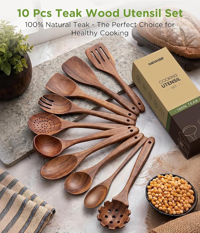 Wooden Utensil Set - 10 Pcs Teak Wooden Spoons for Cooking, Non Toxic, Heat Resistant, Durable & Safe for Kitchen Nonstick Cookware