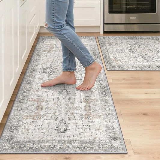 GENIMO Kitchen Rugs Non Slip Washable, 2PCS Kitchen Mats for Floor, Cushioned Standing Mat, Kitchen Runner Rug Floor Mat for Kitchen Decor, Laundry, Sink, Home, 20"x32"+20"x48", Light Taupe Brown