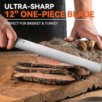 TUO Carving Knife, 12 inch Brisket Knife for Cutting Smoked Meat, Slicing Through Roast & Large Raw Meat Chunks, Full Tang Handle, German High Carbon Steel - Black Hawk Series