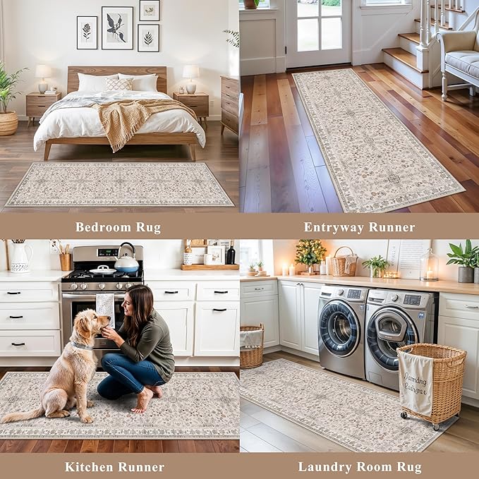 4-Piece Kitchen Rug Set with Runner – Washable Non-Slip Floor Mats for Sink, Entryway, Hallway, Bathroom – Soft Low-Pile Thin Boho Floral Rugs,Kitchen Decor (Beige, 2x3+2x4+2x5+2x6)