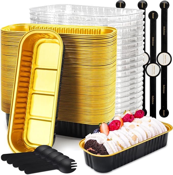 50 Pack Mini Loaf Pans with Lids Rectangle Individual Cake Pans Aluminum Foil Pans for Large Gatherings Picnics Vacations Parties, Graduation Gifts Party Favors(Black Gold, 6.8 OZ)