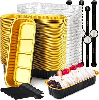 50 Pack Mini Loaf Pans with Lids Rectangle Individual Cake Pans Aluminum Foil Pans for Large Gatherings Picnics Vacations Parties, Graduation Gifts Party Favors(Black Gold, 6.8 OZ)