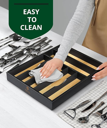 ROYAL CRAFT WOOD Luxury Bamboo Kitchen Drawer Organizer - Silverware Organizer - Utensil Holder and Cutlery Tray with Grooved Drawer Dividers for Flatware and Kitchen Utensils (7 Slot)