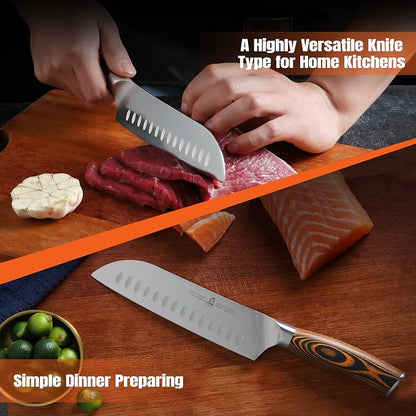 TUO Santoku Knife, 7 inch Japanese Chef Knife for Vegetable Chopping & Meat Dicing, High Carbon German Steel, Ergonomic Handle - Fiery Phoenix Series