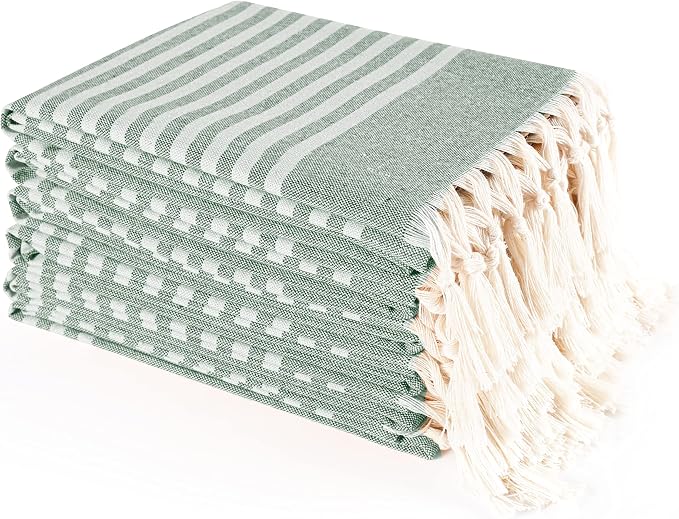 TWINY threads Set of 6 100% Cotton Turkish Kitchen Towels with Hanging Loop & Tassels (18" X 28") | Ultra Washcloth with Fringes | Reusable Hand Towels - Olive Green