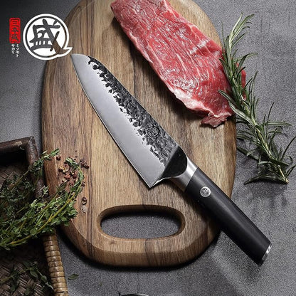 MITSUMOTO SAKARI 7-Inch Japanese Santoku Knife, SKD-11 Steel | Wide 2mm Santoku blade for slicing, dicing and mincing, 3-layer SKD-11 steel, textured finish, pakkawood handle