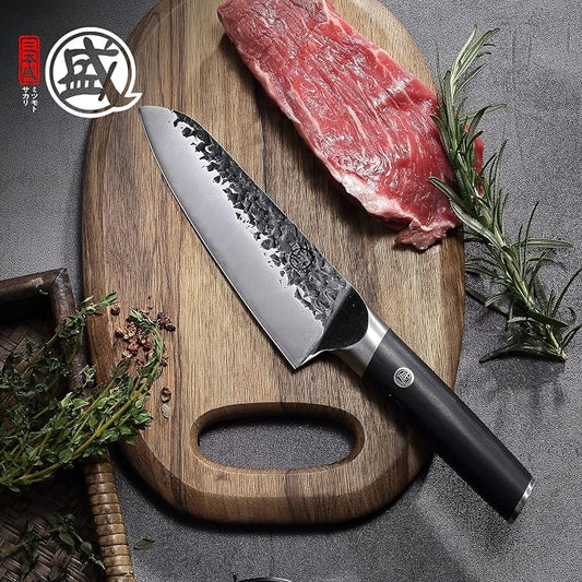 MITSUMOTO SAKARI 7-Inch Japanese Santoku Knife, SKD-11 Steel | Wide 2mm Santoku blade for slicing, dicing and mincing, 3-layer SKD-11 steel, textured finish, pakkawood handle