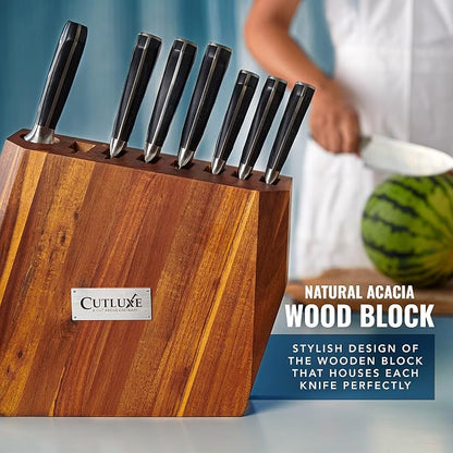 Cutluxe Kitchen Knife Set – 8 Pcs Professional Chef Knife Set with Block – Razor Sharp Knives with Full Tang Design, High Carbon German Steel, Natural Acacia Wood Block – Artisan Series