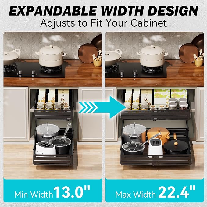 Pull Out Cabinet Organizer, Expandable Width 13"-22", Heavy Duty Metal Slide Out Drawers for Cabinets, Expandable Cabinet Pull Out Shelves for Kitchen, Pantry, Bathroom, Black