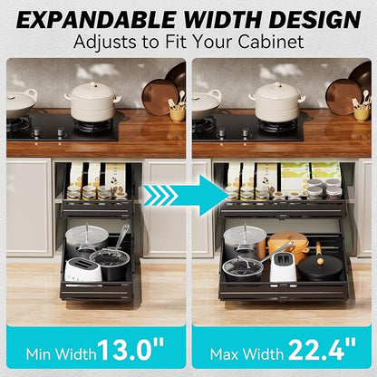 Pull Out Cabinet Organizer, Expandable Width 13"-22", Heavy Duty Metal Slide Out Drawers for Cabinets, Expandable Cabinet Pull Out Shelves for Kitchen, Pantry, Bathroom, Black