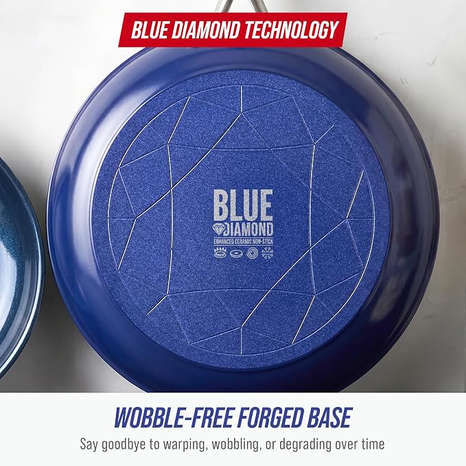 Blue Diamond 9.5” and 11" Frying Pan Skillet Set, Diamond Infused PFAS & PFOA-Free Ceramic Nonstick Pots & Pans, Durable Non Toxic Metal Utensil Safe & Scratch Resistant, Dishwasher & Oven Safe, Blue