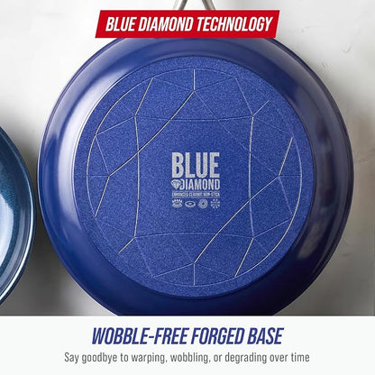 Blue Diamond 9.5” and 11" Frying Pan Skillet Set, Diamond Infused PFAS & PFOA-Free Ceramic Nonstick Pots & Pans, Durable Non Toxic Metal Utensil Safe & Scratch Resistant, Dishwasher & Oven Safe, Blue