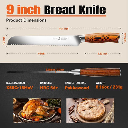 TUO Bread Knife, 9 inch Sharp Serrated Slicing Knife for Homemade Sourdough Bread, High Carbon German Steel, Ergonomic Handle, Gift Box Included