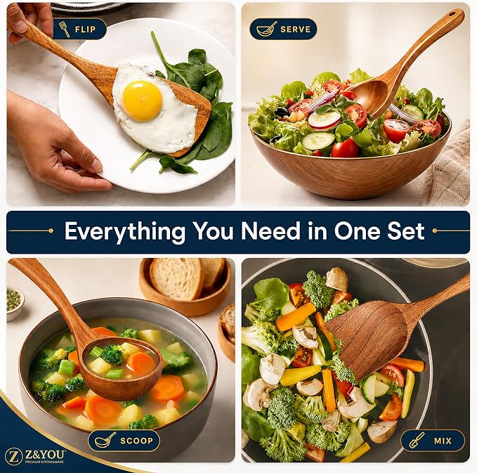 9-Piece Teak Wooden Utensil Set – Wooden Spoons for Cooking with Spoon Rest, Wooden Spatula, and Non Toxic Cooking Utensils – Premium Kitchen Utensils Set for Daily Use
