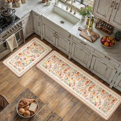 Anti Fatigue Kitchen Mats 2PCS Thick Non Slip Cushioned Rugs Beige Abstract Floral Waterproof Comfort Standing Mats for Floor Sink Laundry Office 17.3"×59"+17.3"×30"