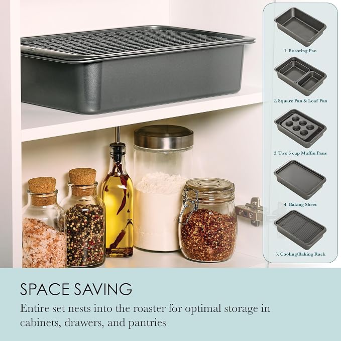 Chicago Metallic 7-Piece Nonstick Bakeware Nesting Set - Carbon Steel Baking Sheet, Loaf Pan, Muffin Pan, Cake Pan, Roaster and Cooling Rack