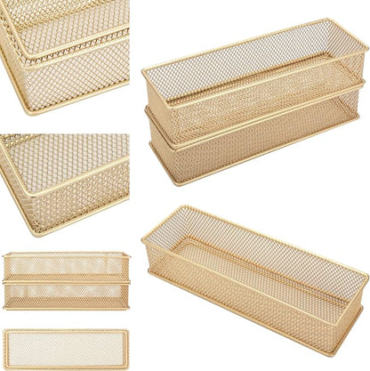 Annova Mesh Stackable Drawer Cabinet and Shelf Organizer Bins Storage Basket School Office Supply Holder Tray- Set of 2 (Gold, 3x9x2 Inch)