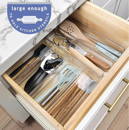 primebox Six Pcs. Plastic Clear Drawer Organizers. Stackable Storage Trays for Kitchen Utensils and Silverware. 2 Sizes. Stackable