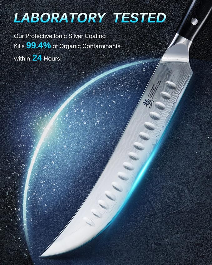 KYOKU 10" Damascus Carving Knife for Meat Cutting,UPGRADED Cimitar Breaking Knife with Silver PVD Coating for Professional Home Chefs,Sharp Japanese Style VG10 Stainless Steel Meat Butcher Knife