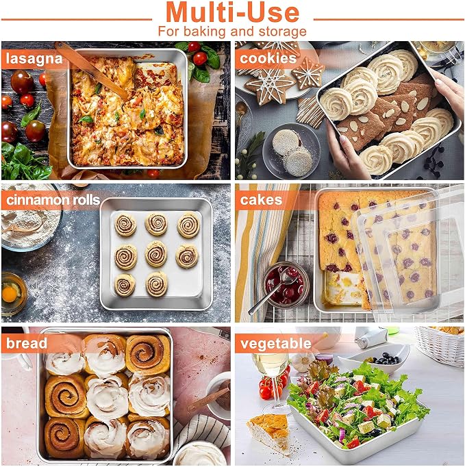 Herogo 8"x 8" Square Cake Pan, Stainless Steel Square Baking Pan, Cakes Brownie Lasagna Bakeware Set of 2, Healthy & Dishwasher Safe