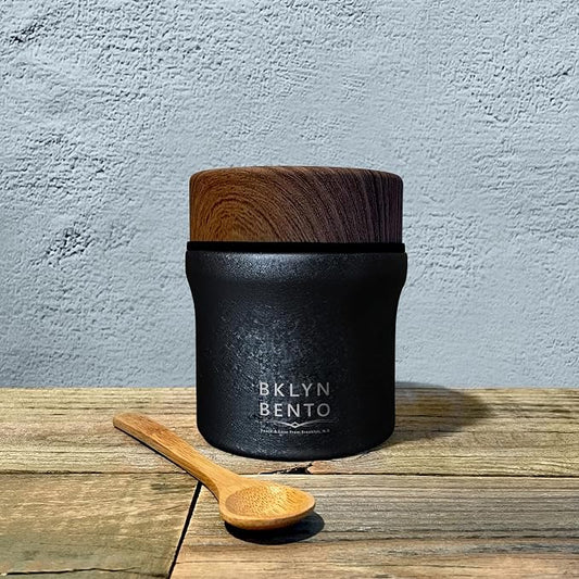 Insulated Food Jar with Bamboo Spoon: Wide Mouth 18/8 Stainless Steel Lunch Container for Hot Soup & Food, Leakproof Vacuum Metal Flask (10oz, Cracked Coal / Black)