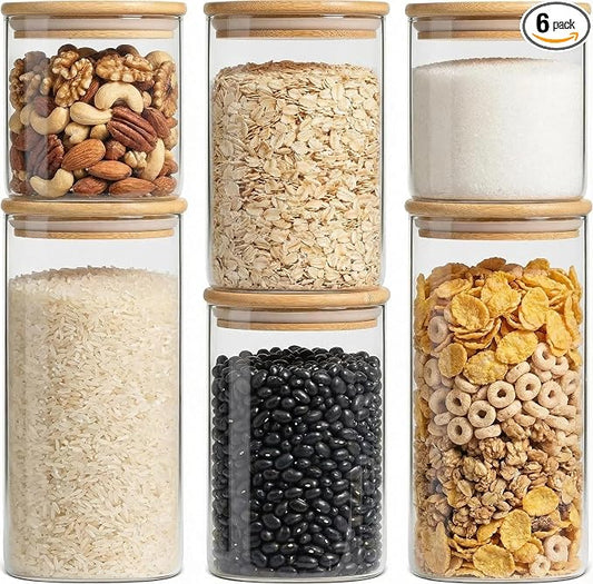 Airtight Glass Storage Containers with Lids Set of 6, 25 /37 /50oz Square Glass Jars with Bamboo Lids, Kitchen Canister Set for Pantry Organization Food Storage for Flour Sugar Rice Pasta Cereal