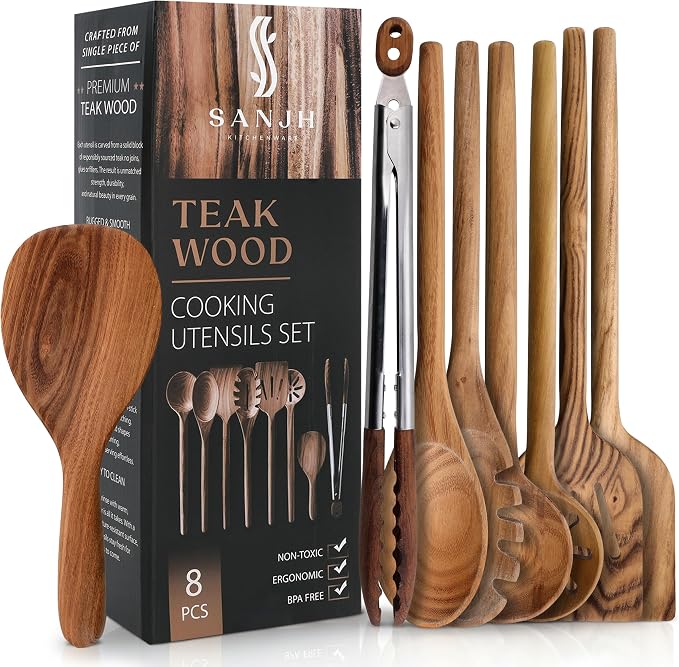 8 Piece Teak Wooden Cooking Spoons Set – Wooden Utensil Set with Spatula Scraper Pasta Spoon Rice Paddle Tongs for Everyday Cooking, Smooth Sanded Finish, Comfortable Grip Handles, Gentle on Cookware