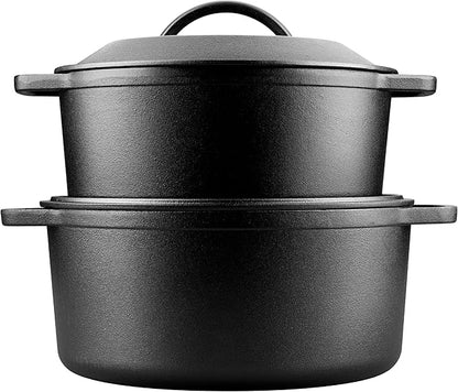 VORRINGARD Pre-Seasoned Cast Iron Dutch Oven with Lid, Round and Dual Handles, for Stovetop, Camping, Grill, Induction, Electric, Black, 6qt