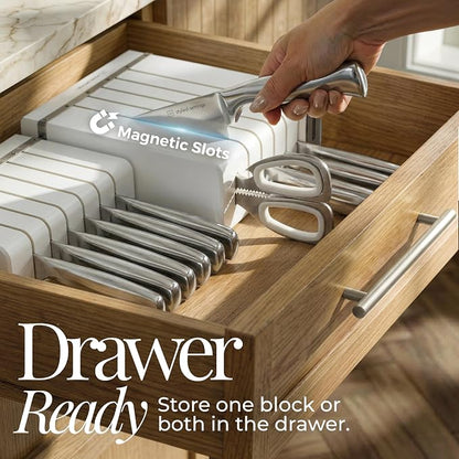 Magnetic Knife Set with Sharpener - Space Saving Convertible In Drawer Knife Block with Stainless Steel Kitchen Knives - Knife Drawer Organizer, German Steel Knife Set