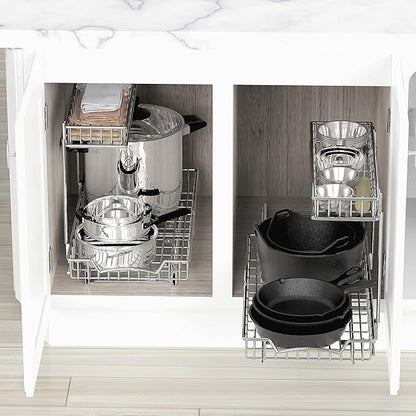 Simple Houseware 2-Tier (L+M) Organizer Pull Out Under Cabinet Sliding Shelf, Chrome