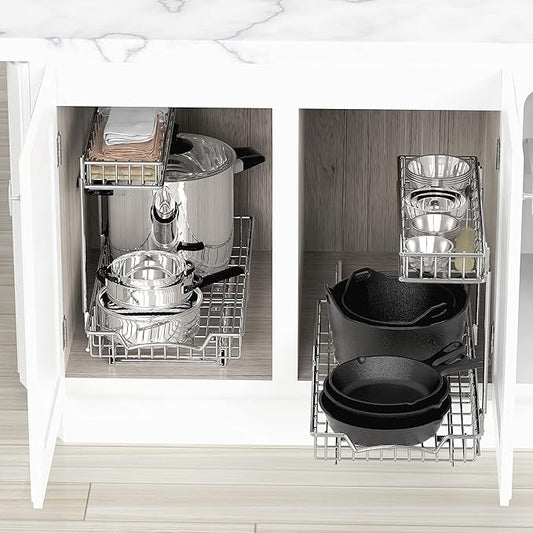 Simple Houseware 2-Tier (L+M) Organizer Pull Out Under Cabinet Sliding Shelf, Chrome